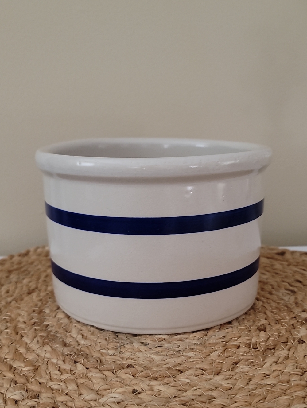 Vintage Robinson Ransbottom Ceramic Crock with Blue Stripes